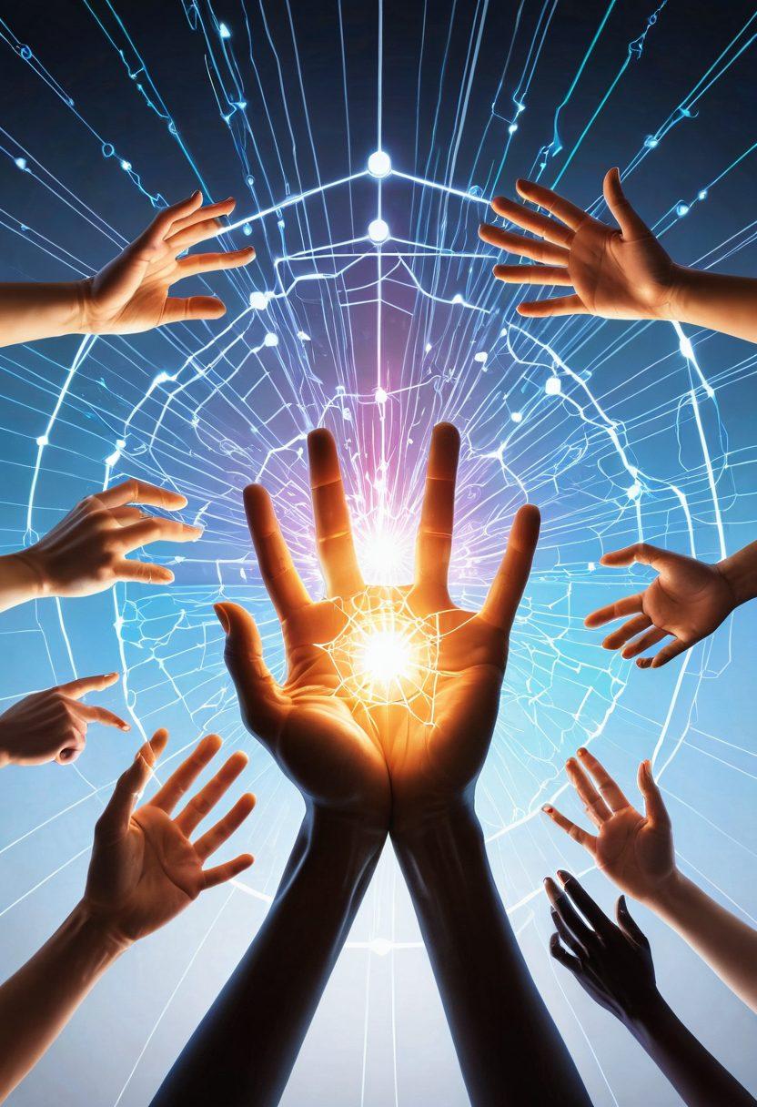 An ethereal portal glowing with warm, inviting light, symbolizing communication and connection. Surrounding the portal are diverse hands reaching out, some holding tools or devices representing support and outreach initiatives. In the background, a network of interconnected lines and nodes signifying the strength and vastness of the network. hyper-realistic. vibrant colors. white background.