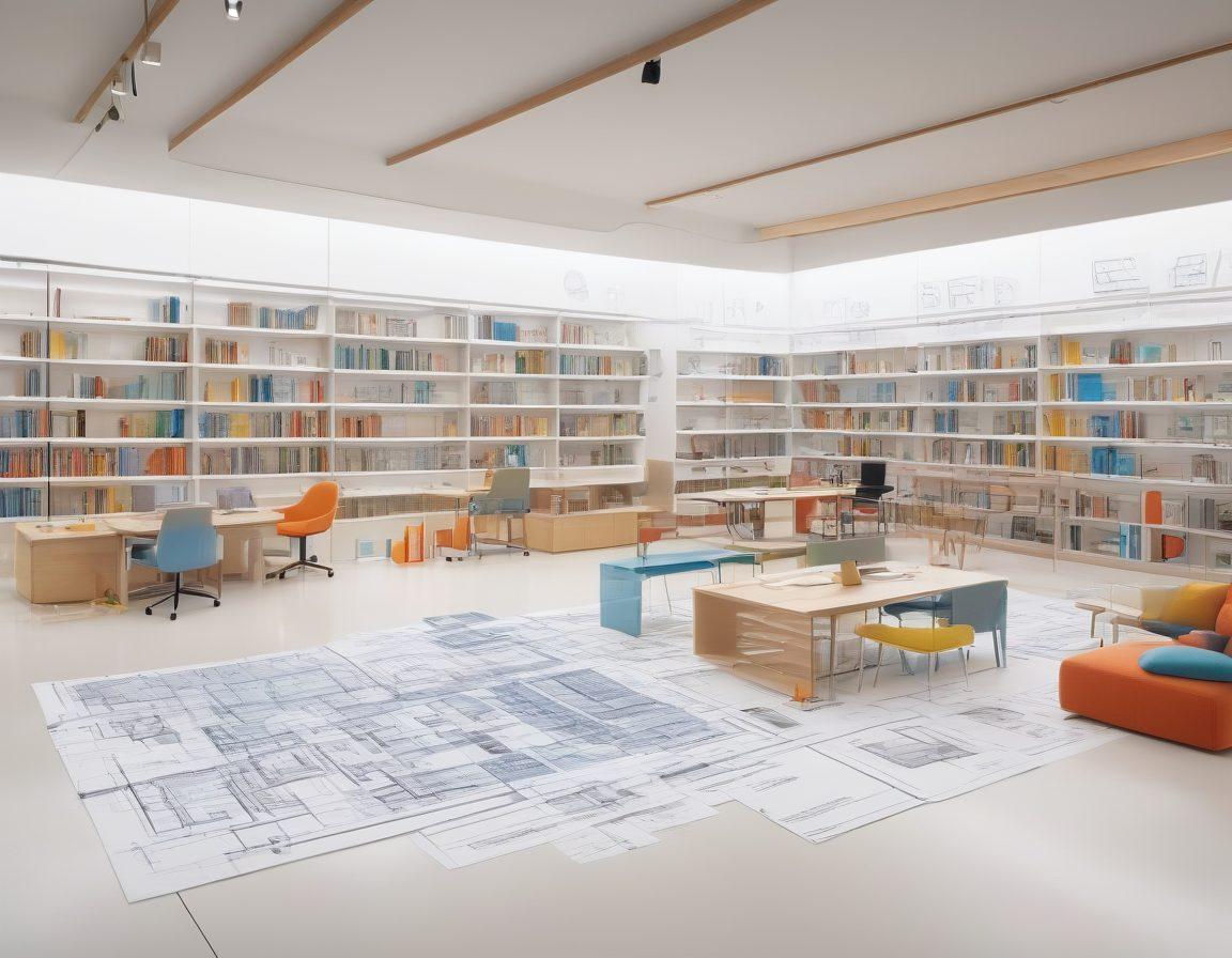 An expansive digital library filled with colorful blueprints, tools, and resource kits, depicted in a bright, inviting space where diverse community members are collaboratively working on various projects. The image should show a blend of modern technology and traditional craftsmanship. super-realistic. vibrant colors. white background.