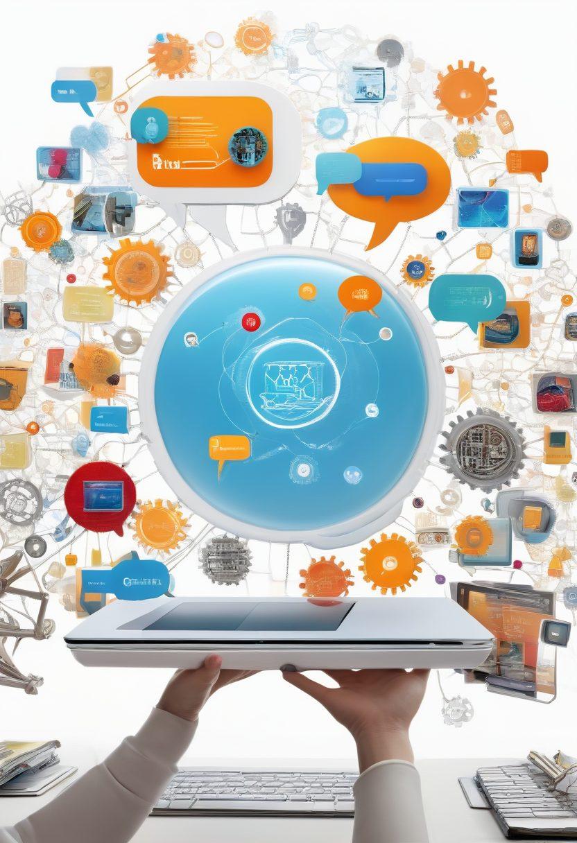 An image showcasing a vibrant, interconnected platform with various community resources like books, chat bubbles, computer screens displaying forums, hands reaching out for support, and gears symbolizing mechanisms. Include diverse people sharing knowledge and support, creating a lively and inclusive atmosphere. Blend modern tech elements with a warm, inviting environment. super-realistic. vibrant colors. white background.